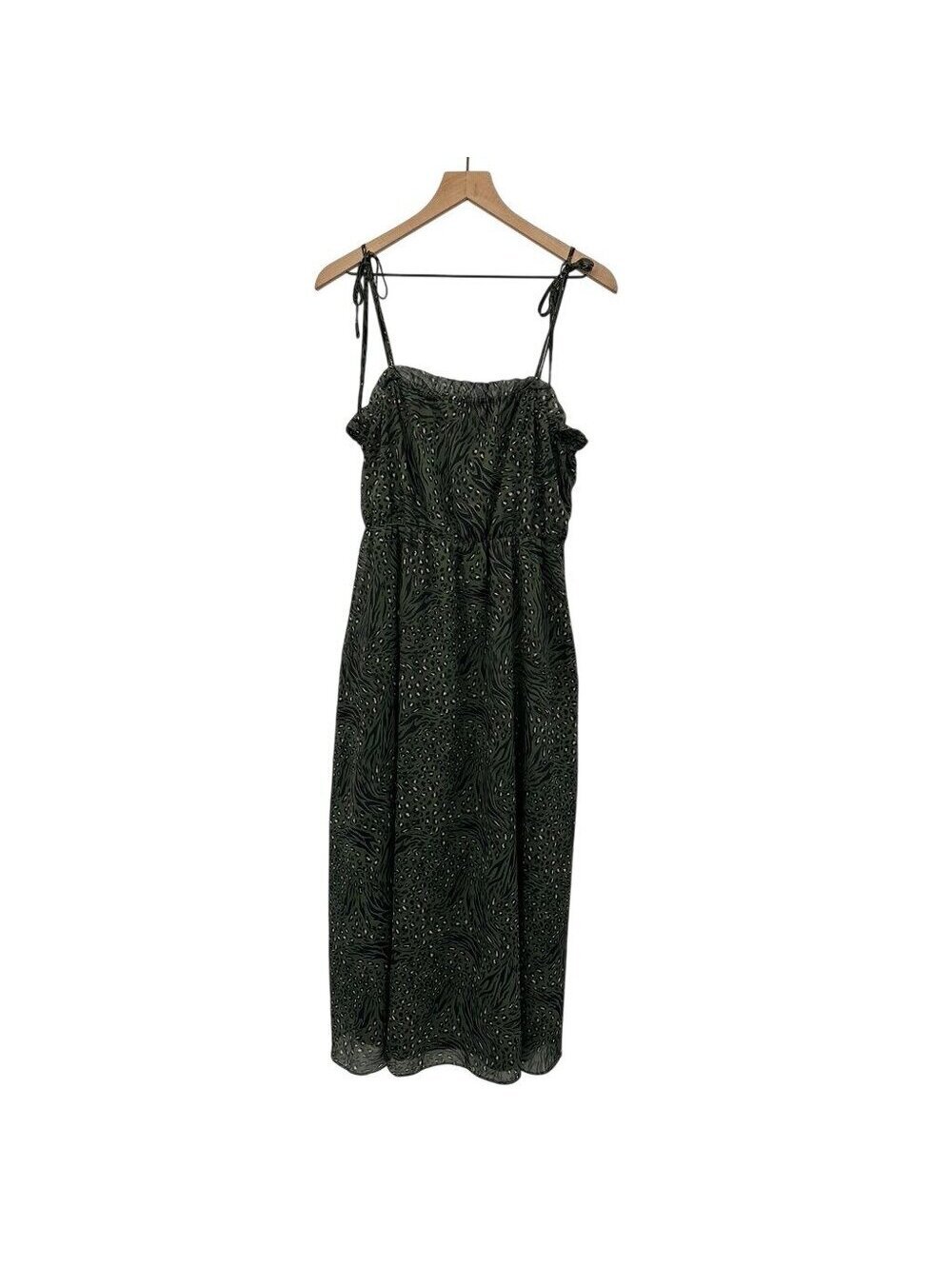 Hutch Green Tie-Strap Midi Dress With Animal Print Ruffled Neckline